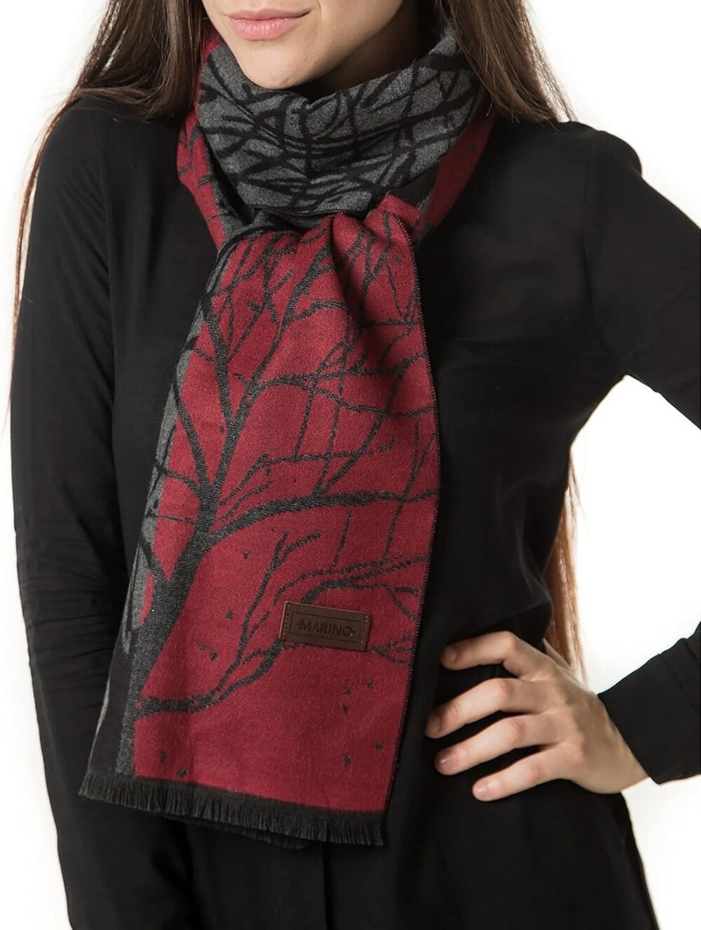 Mio Marino "Cashmina" Scarf – Red & Grey Tree Branch Abstract Design NWT